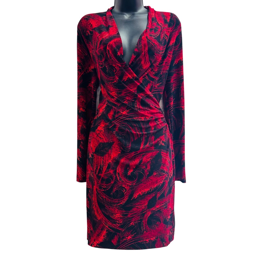 Norma Kamali Red Black Feather Print Ruched Wrap Dress Medium